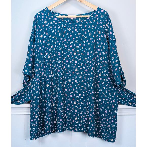 Molly & Isadora Kara Tie-Front Kimono Sleeve Tunic Top in Teal Floral Print 2X - Picture 5 of 10
